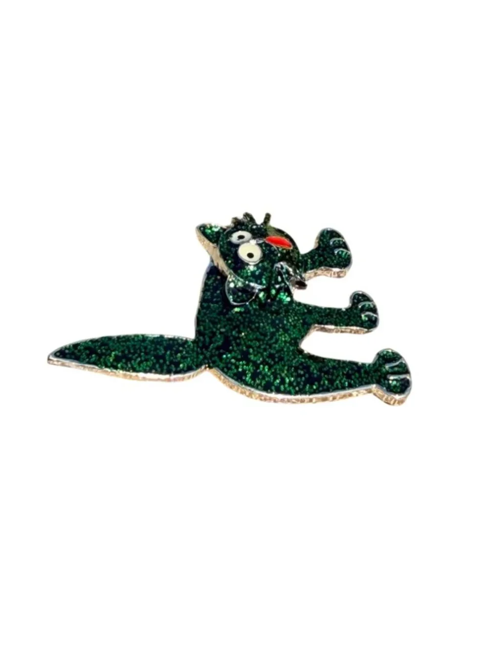 Halloween Green Glitter Cat Brooch Vtg 80s Funny Cartoon Kitty Spooky Pin Jewelr